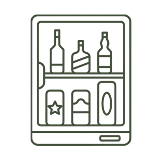 Icône d'un mini-réfrigérateur avec une porte en verre montrant trois bouteilles sur l'étagère supérieure et trois canettes sur l'étagère inférieure.