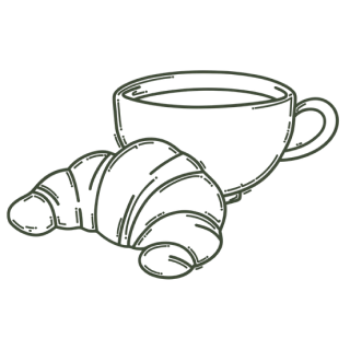 Dessin simple d'une tasse avec anse et un croissant posé devant.