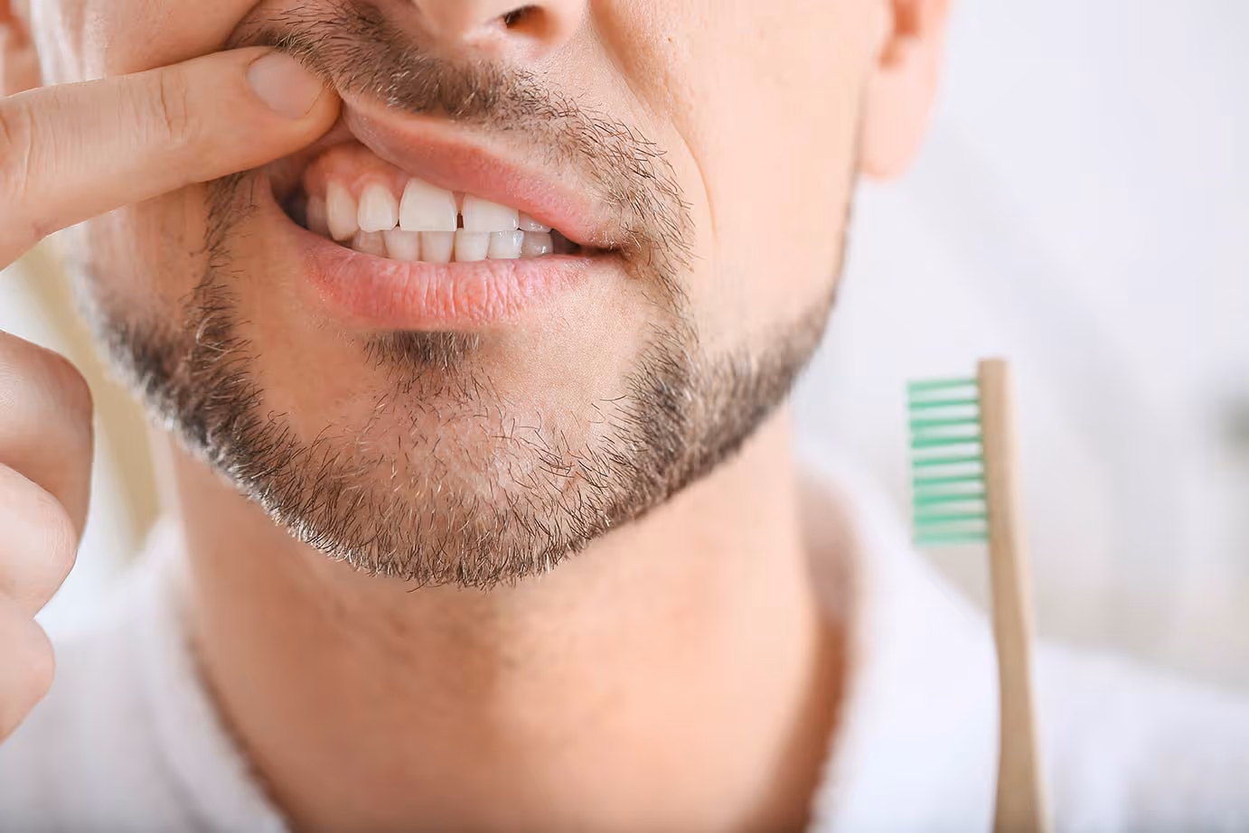 man holding lip