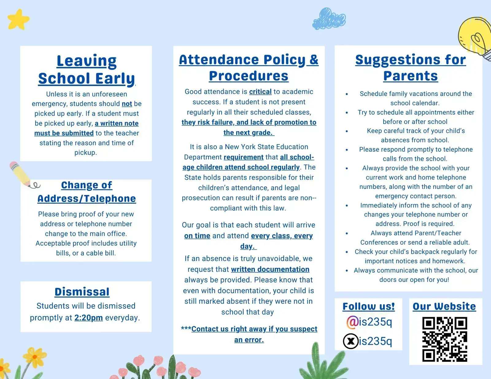 School attendance policy flyer covering early dismissal and parent suggestions