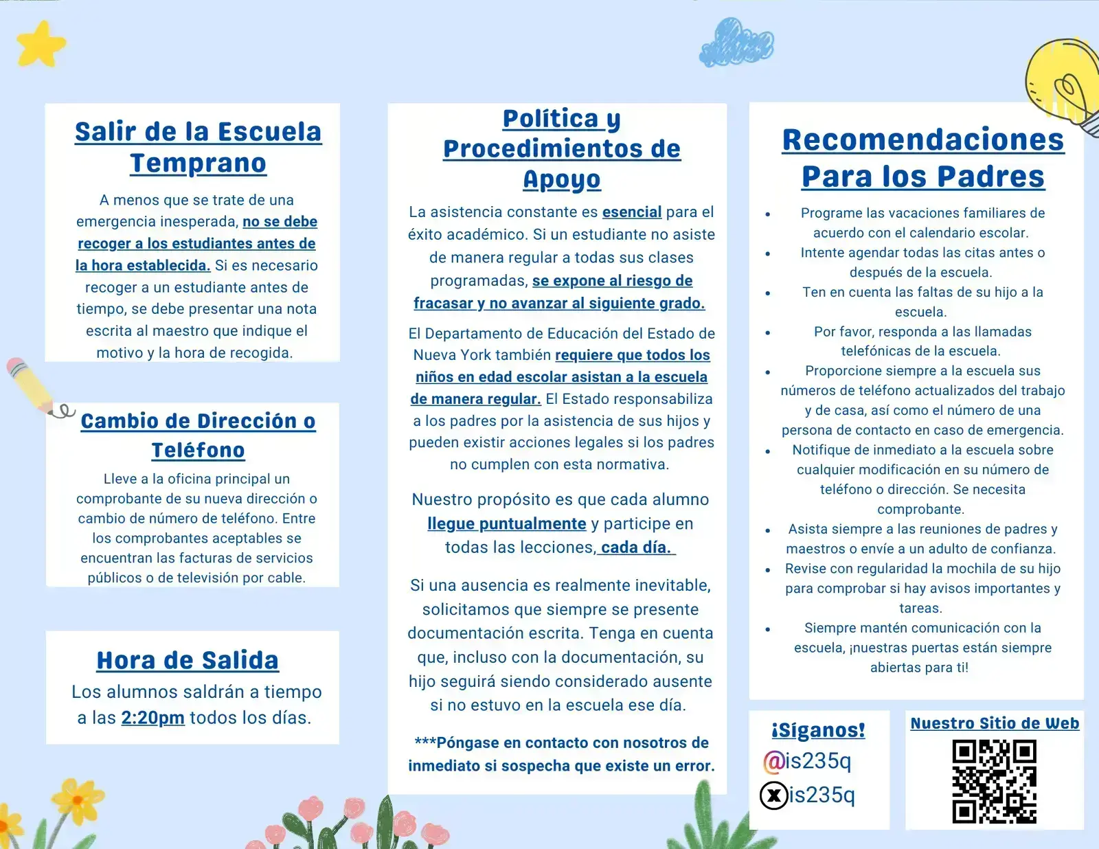 Spanish language school attendance policy and parent recommendations flyer