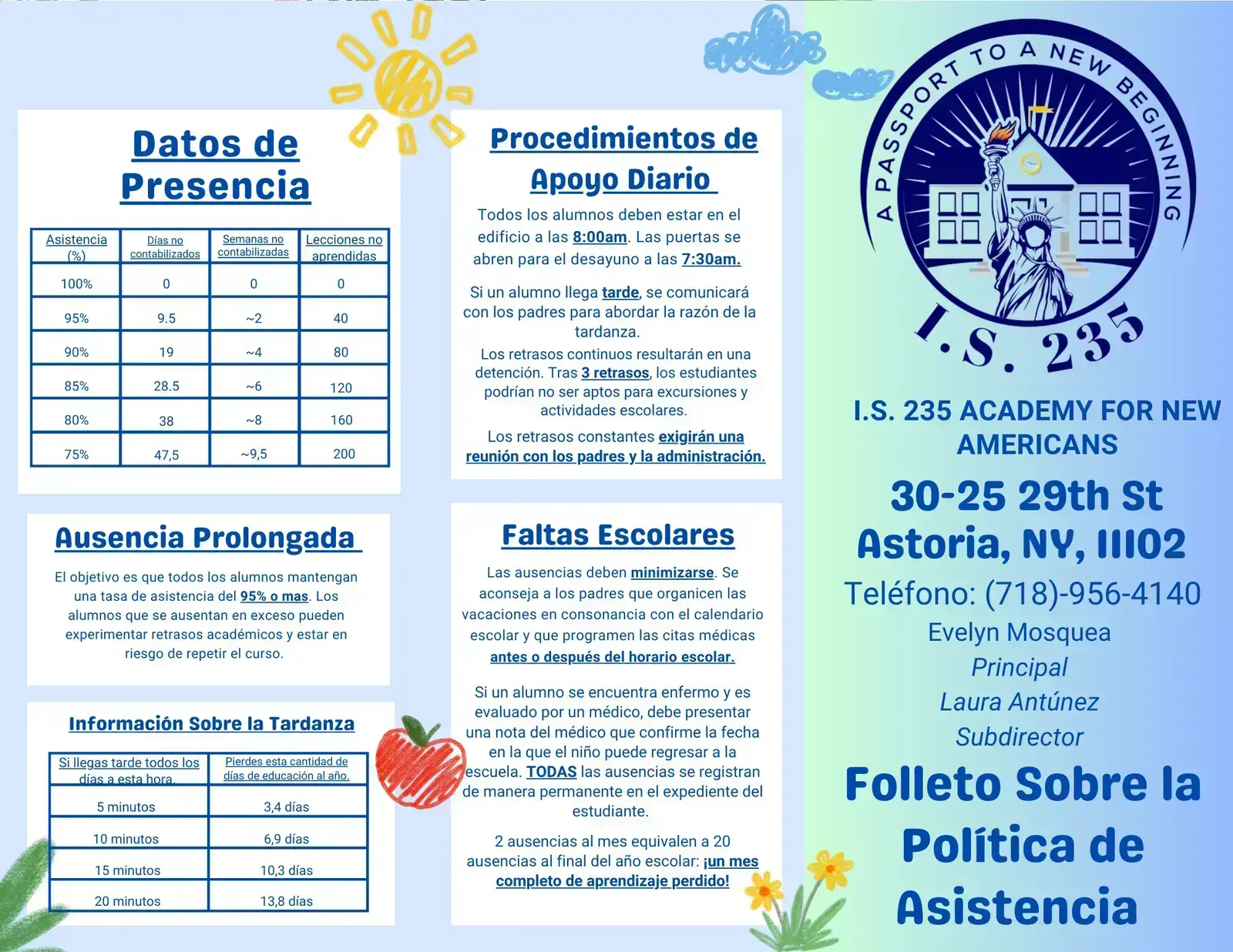 I.S. 235 Spanish attendance policy brochure with data tables