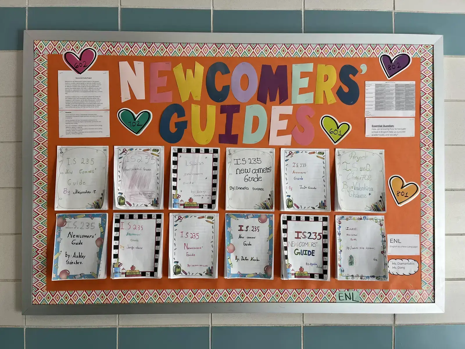 Student-made Newcomers Guides displayed on ENL class bulletin board
