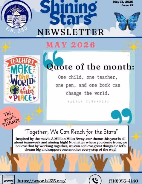 I.S. 235 Shining Stars May 2026 school newsletter cover page