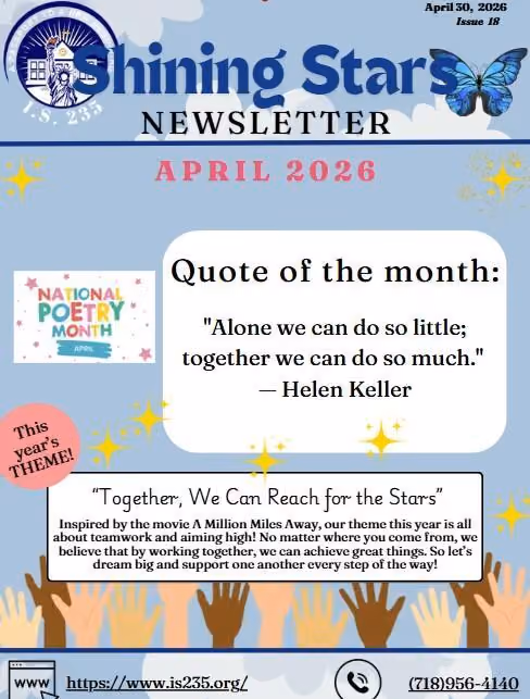 I.S. 235 Shining Stars Newsletter April 2026 cover page