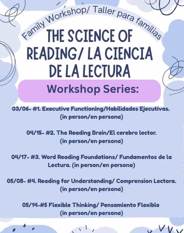 Science of Reading bilingual family workshop series flyer with five session dates