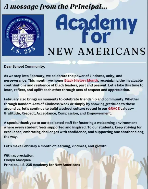 Principal's February message celebrating Black History Month and GRACE values