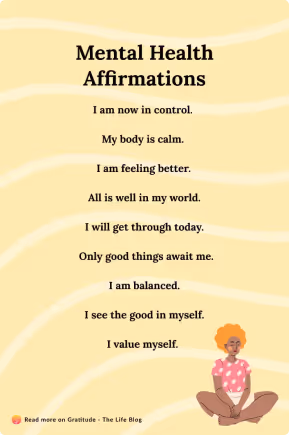 Mental health affirmations list with seated meditating person illustration