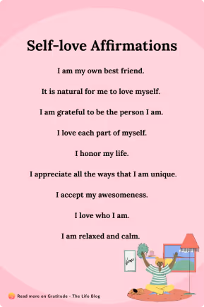 List of nine self-love affirmations on pink background