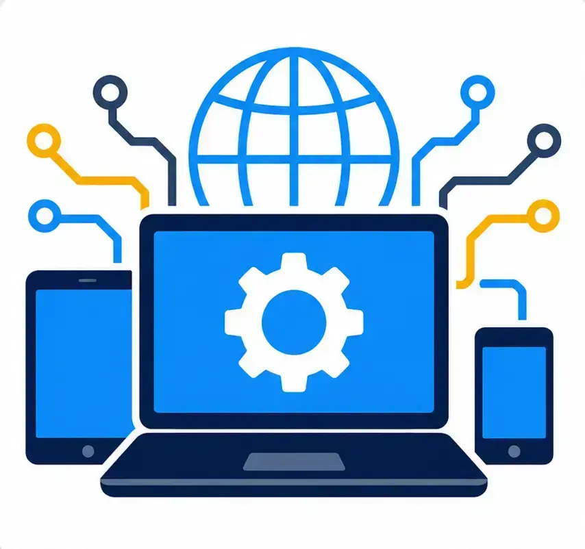 Laptop tablet and phone connected to global internet network