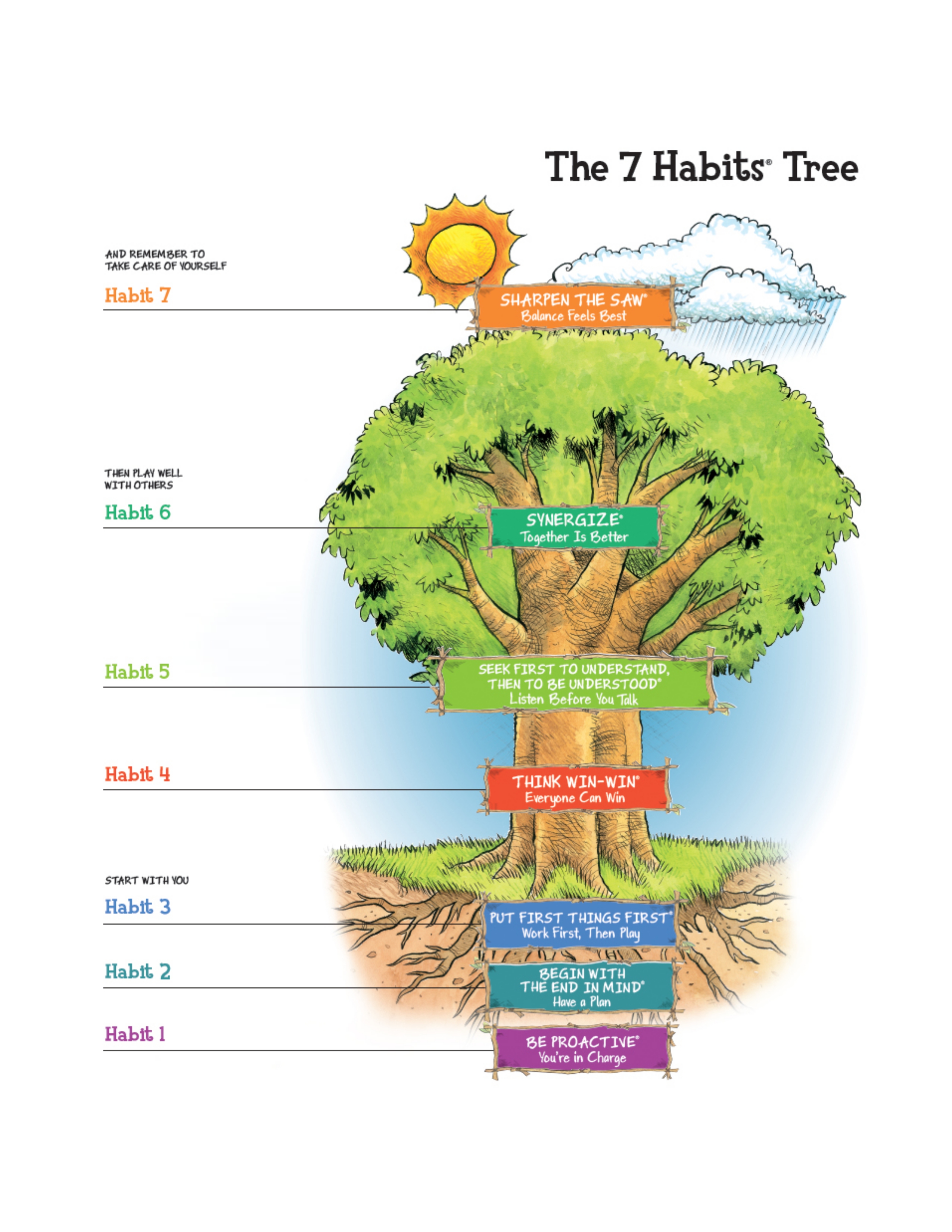 The 7 Habits Tree in English: Habit 1 Be Proactive, Habit 2 Begin with the End in Mind, and Habit 3 Put First Things First at the roots; Habit 4 Think Win-Win, Habit 5 Seek First to Understand, and Habit 6 Synergize on the trunk and branches; Habit 7 Sharpen the Saw at the top.