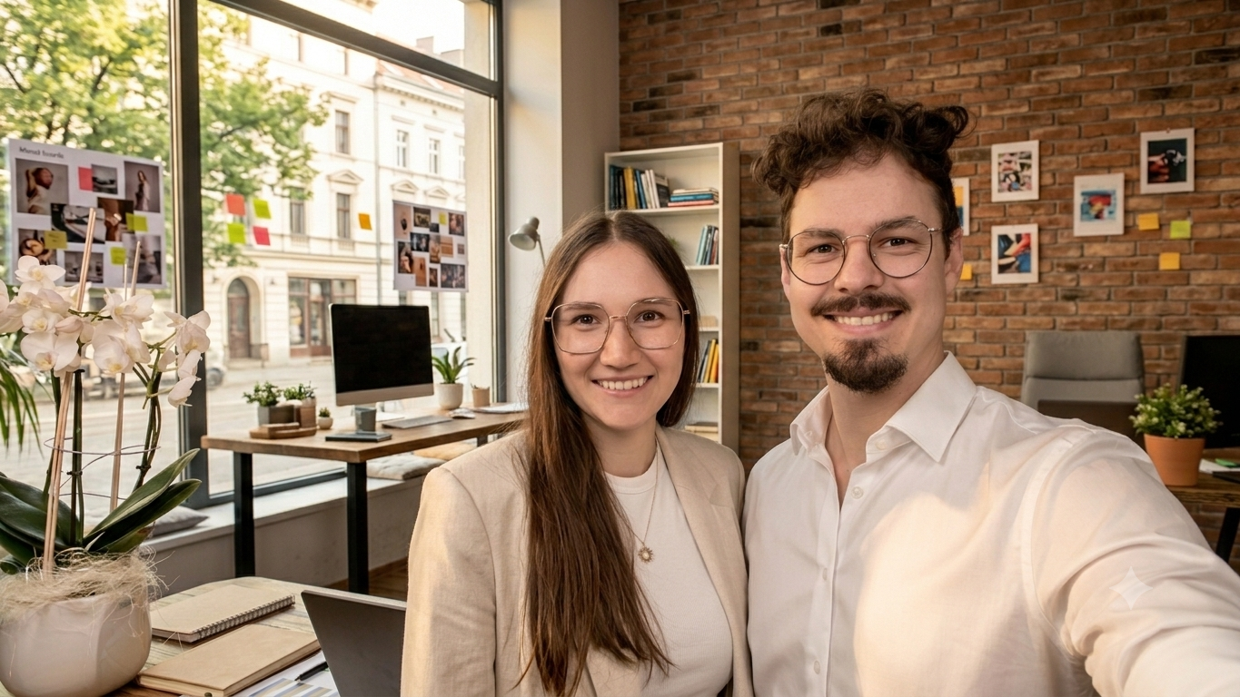 Zwei lächelnde junge Erwachsene, die Geschäftsfüherer von Gessner Marketing mit Brillen in modernem Büro mit Fenster und Pflanzen.