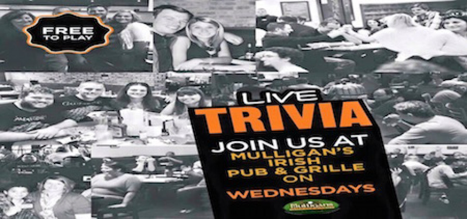 Collage of people at a pub with text: Live Trivia at Mulligan's Irish Pub & Grille on Wednesdays, free to play.