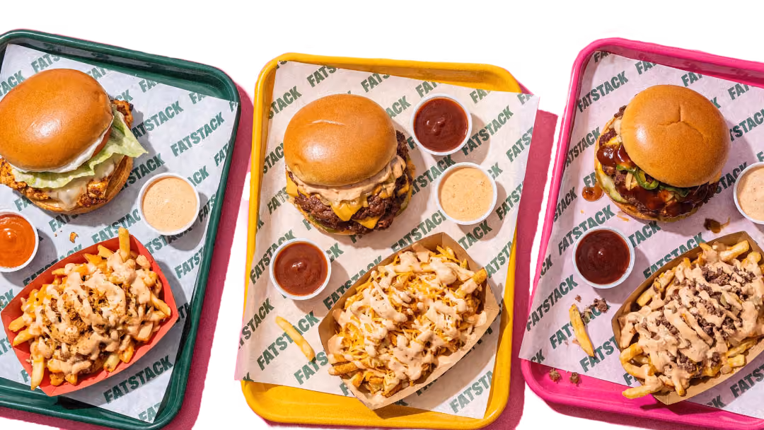 Three Fatstack smash burgers and a strawberry shake