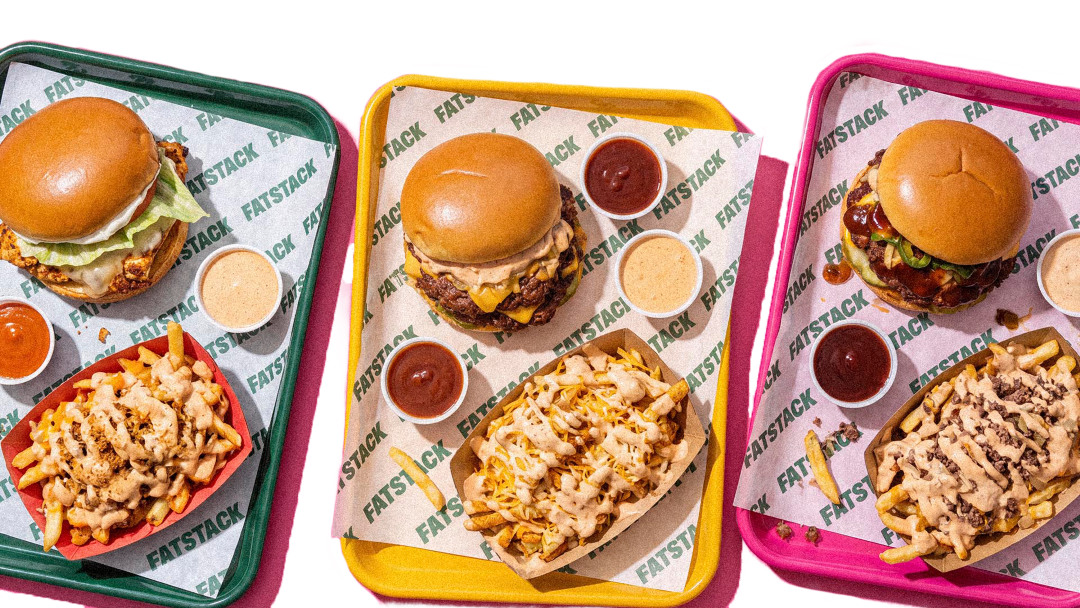 Three Fatstack smash burgers and a strawberry shake