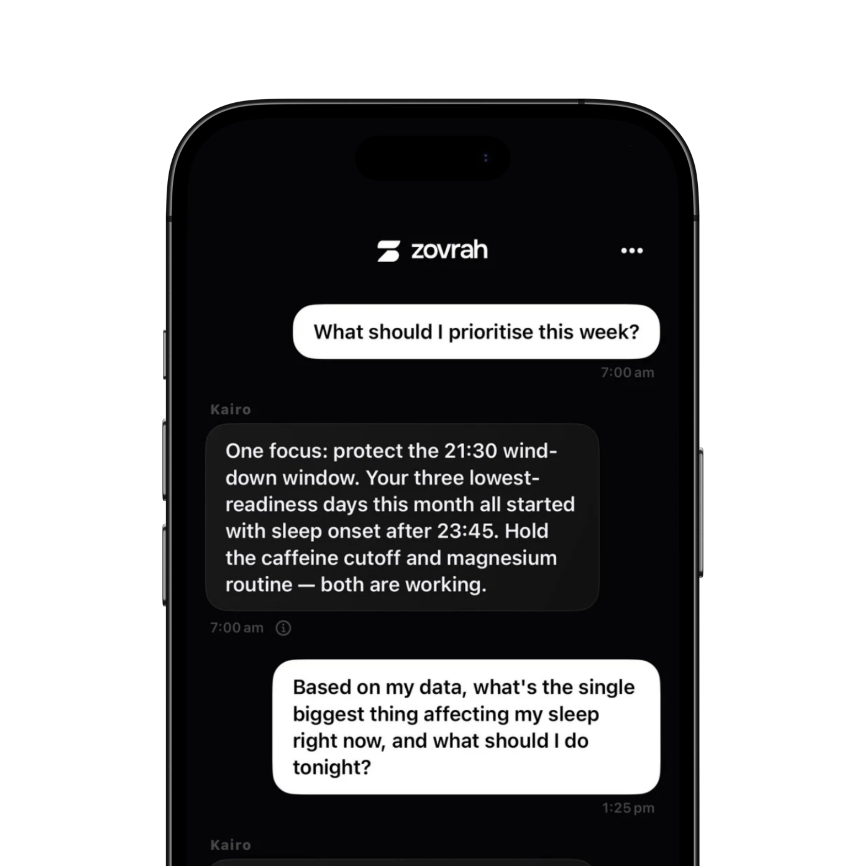 Phone screen shows a chat with sleep advice emphasizing bedtime routine and caffeine cutoff.