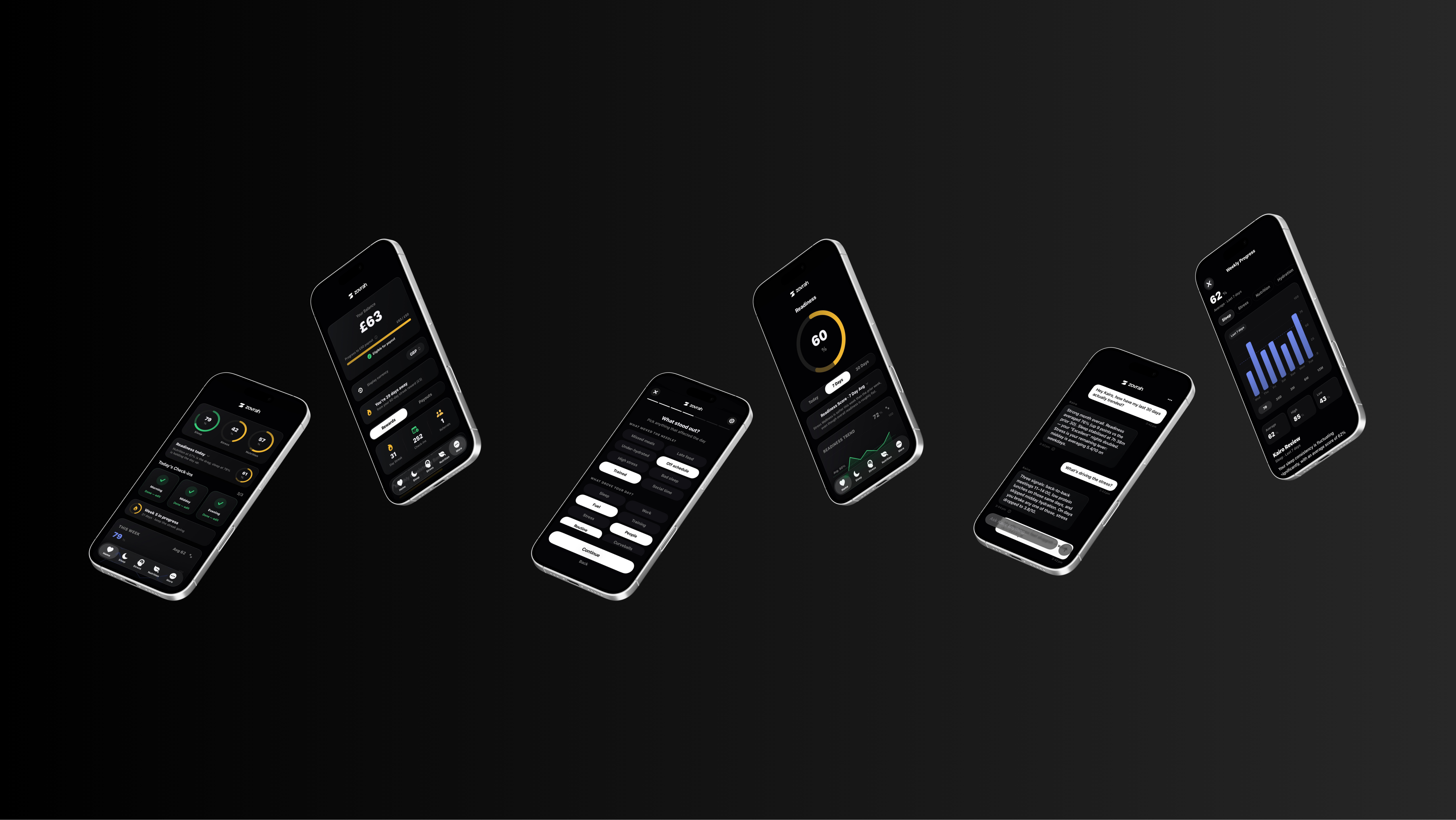 Five smartphones display a dark-themed app with fitness, health, and progress tracking screens.