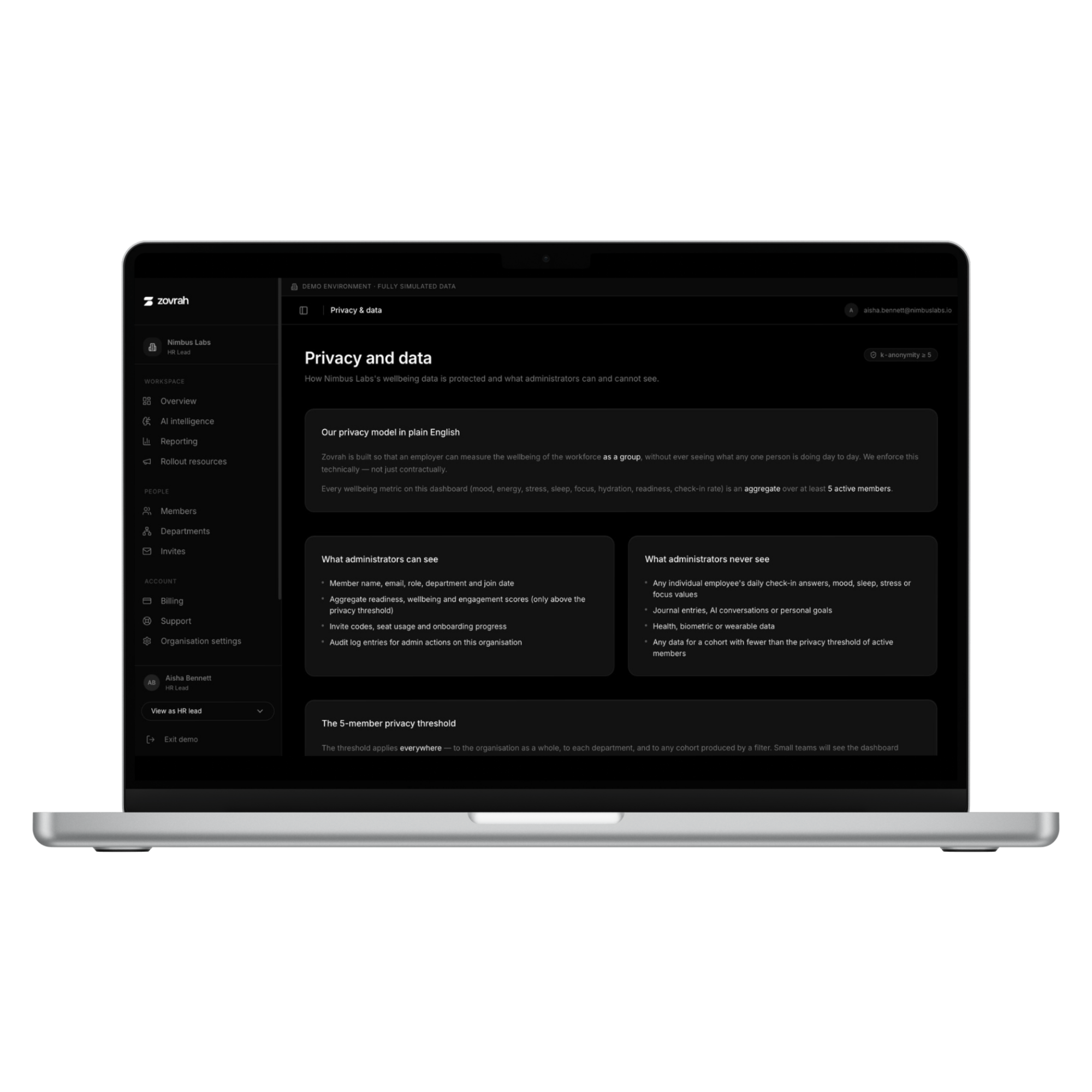 Laptop screen showing privacy and data settings for Nimbus Labs workplace wellbeing dashboard.