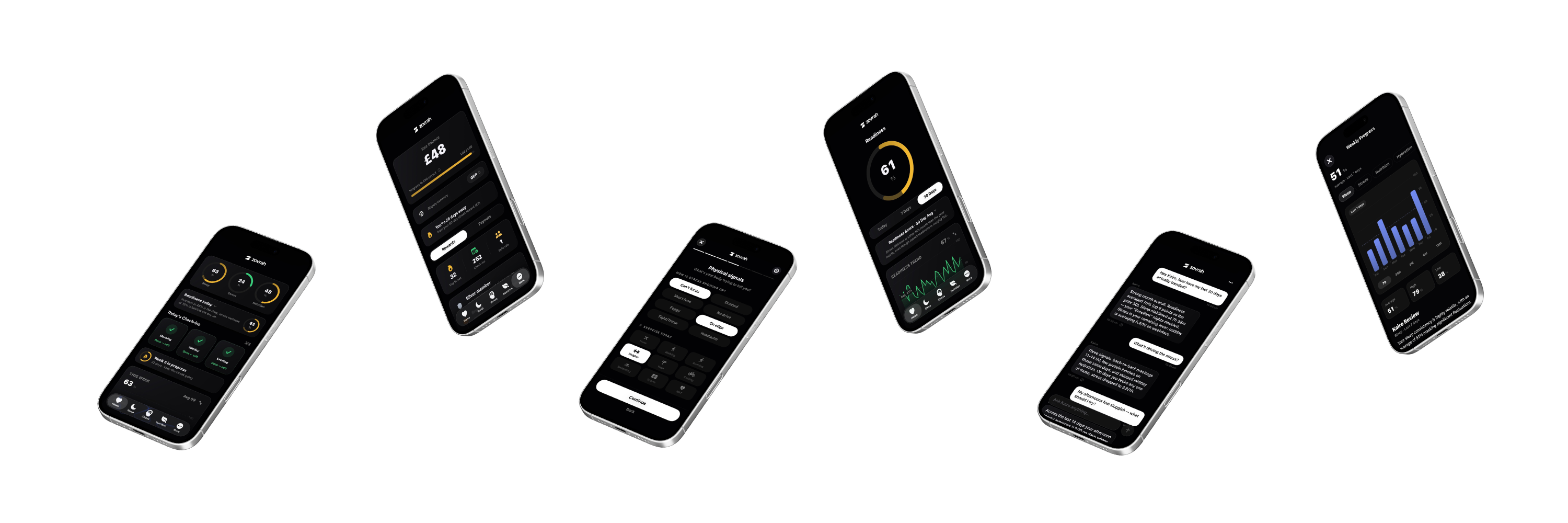Six smartphones displaying various dark mode app screens with stats, charts, and chat features.