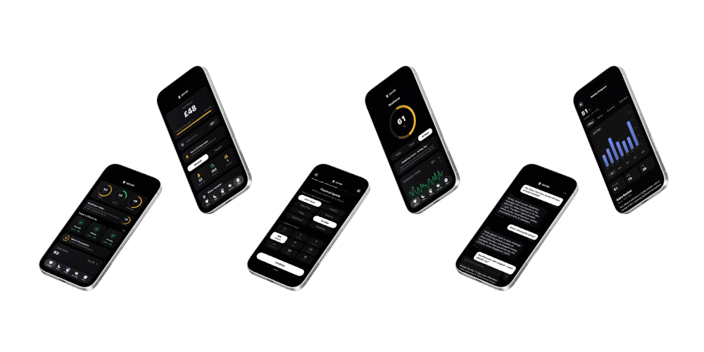 Six smartphones display various dark-mode app screens with finance and analytics data.