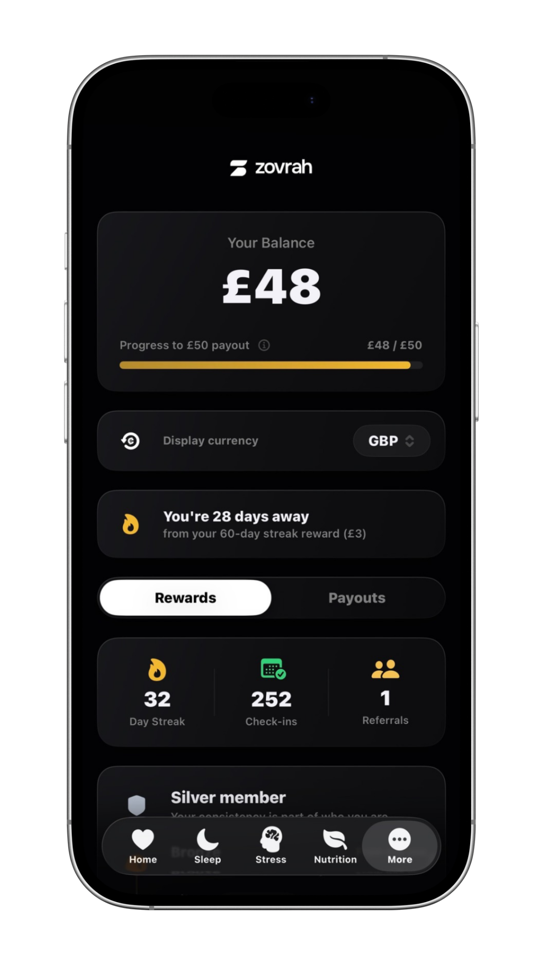 Smartphone screen showing Zovrah app with a readiness score of 85%, sleep duration of 9 hours 15 minutes, sleep quality 4/5, average stress level 1/10, energy level 6/10, and mood level 7/10.
