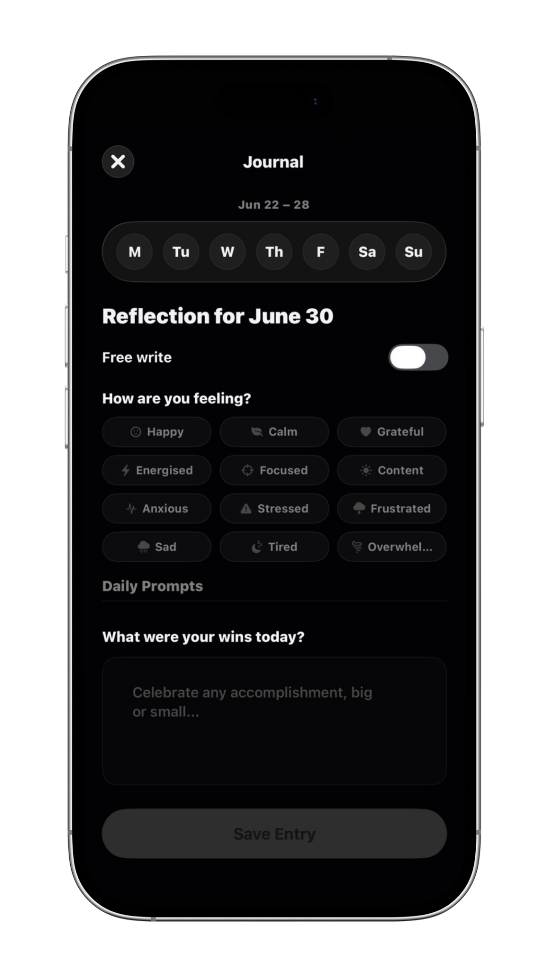 Smartphone screen showing a midday check-in app with stress rated 4 out of 10 from calm to overwhelmed, stress sources selected as Health/Physical and Unforeseen issue, and current energy rated 7 out of 10 from drained to energized.