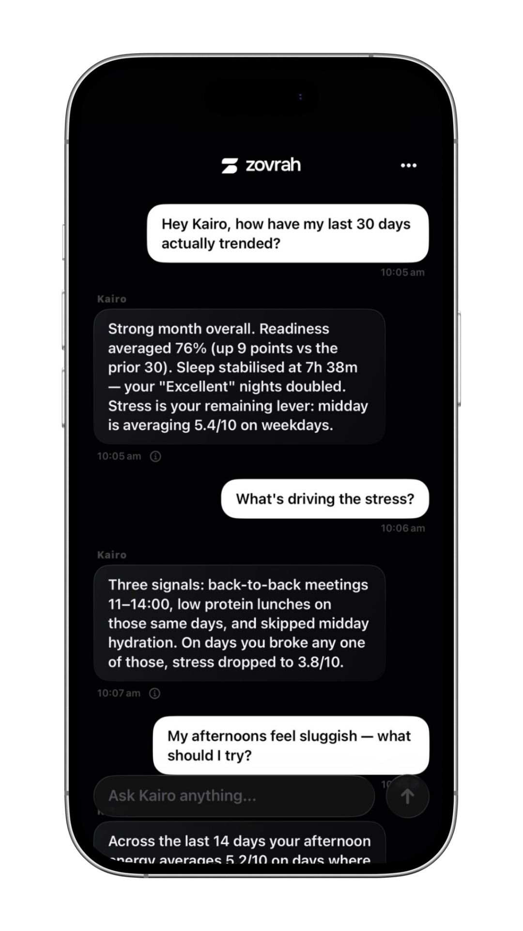 Smartphone shows chat with Zovrah app discussing 30-day trends in readiness, sleep, stress, and advice.