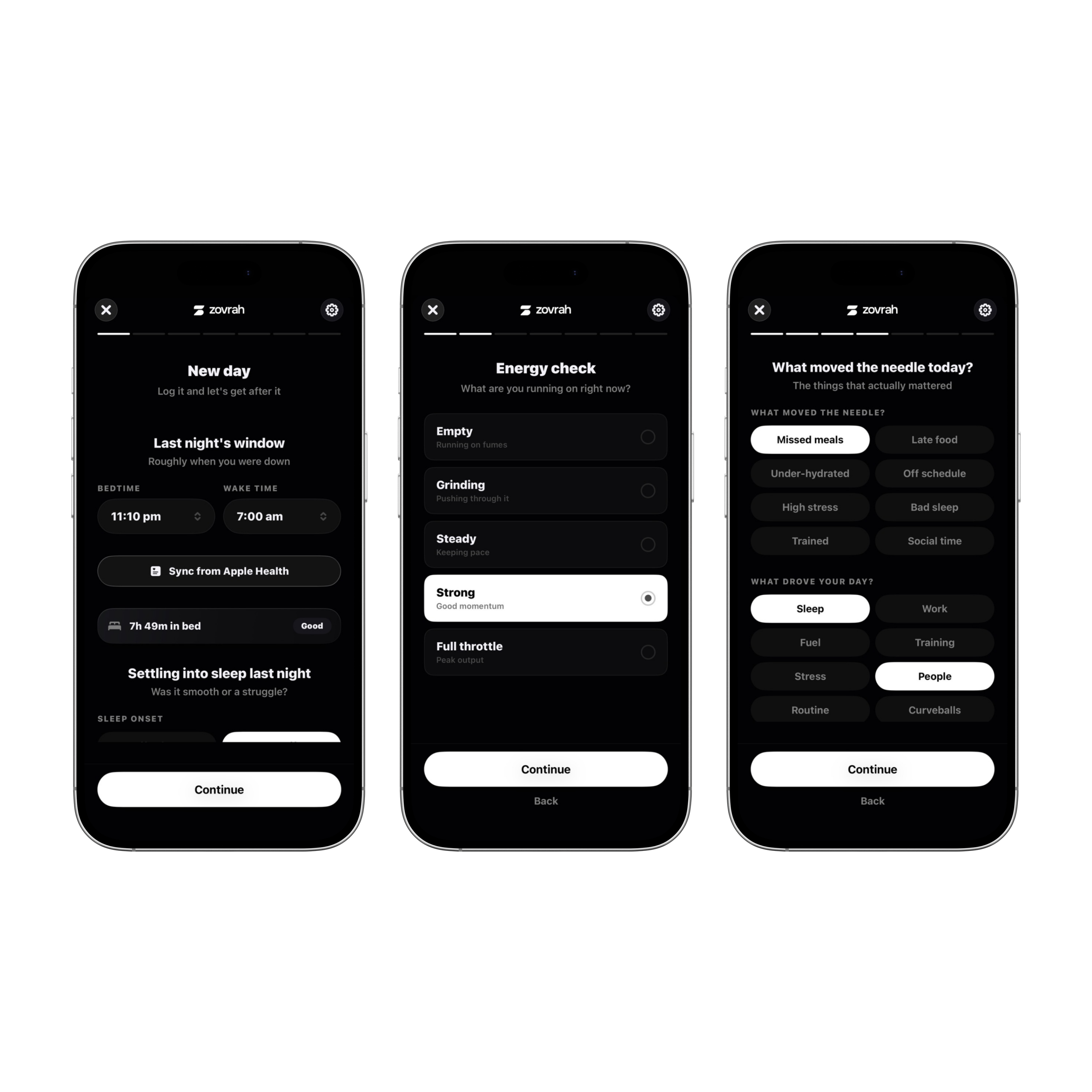 Three smartphone screens showing a health app's sleep log, energy check, and daily impact tracking.