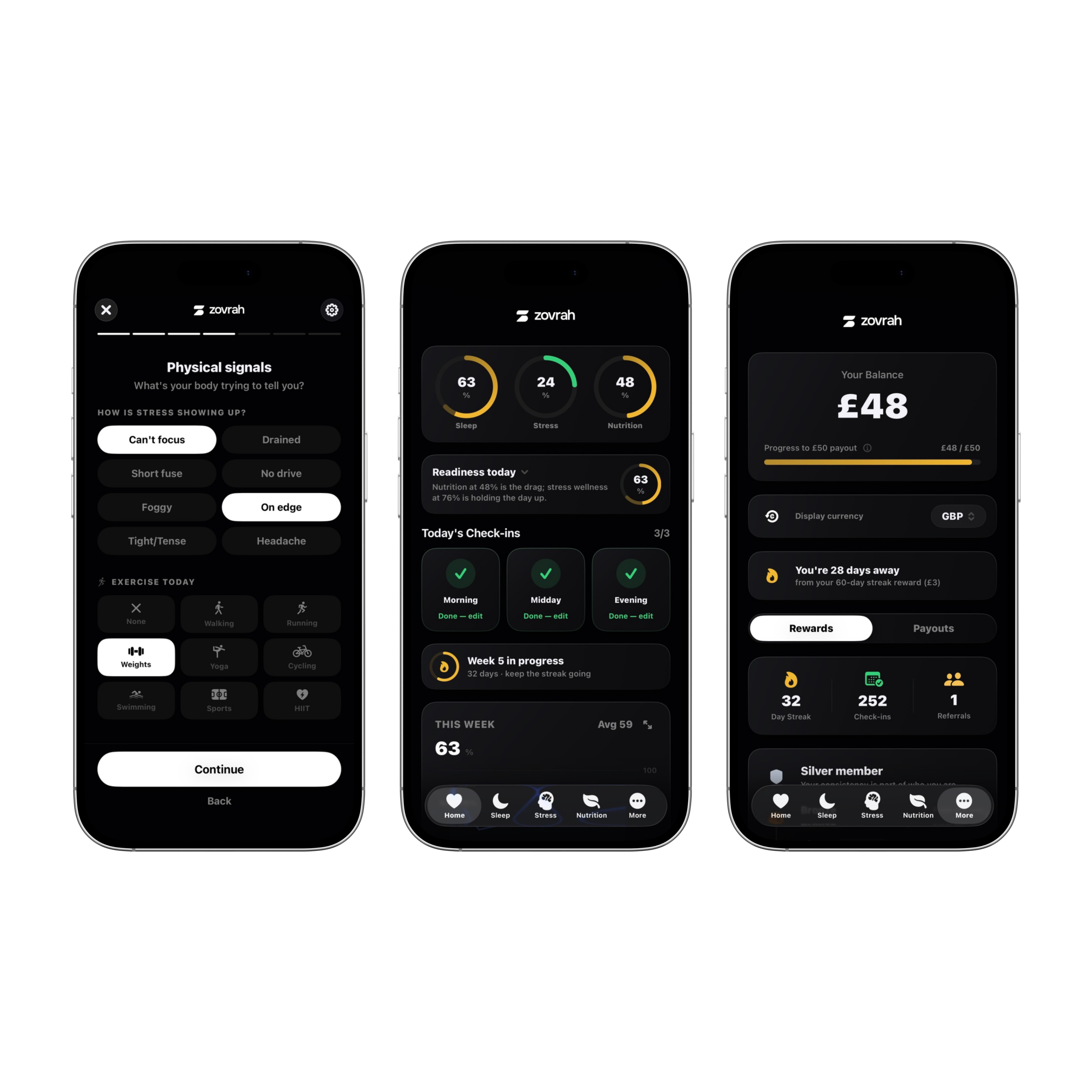Three phones showing a health app with stress, sleep, nutrition stats, check-ins, exercise, and reward balance.