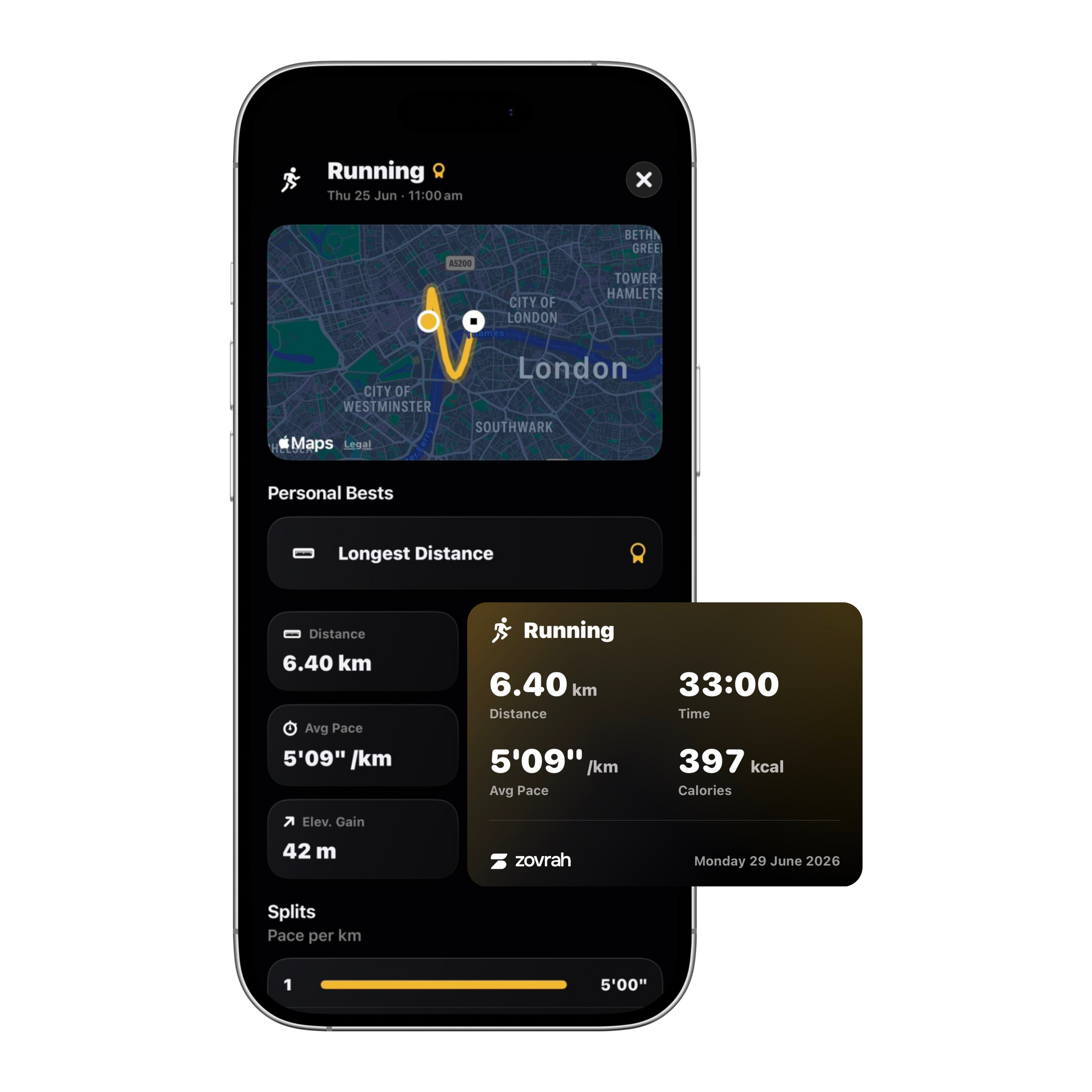 Running app showing a 6.40 km run in London with 5'09"/km pace, 33 min time, 397 calories burned.