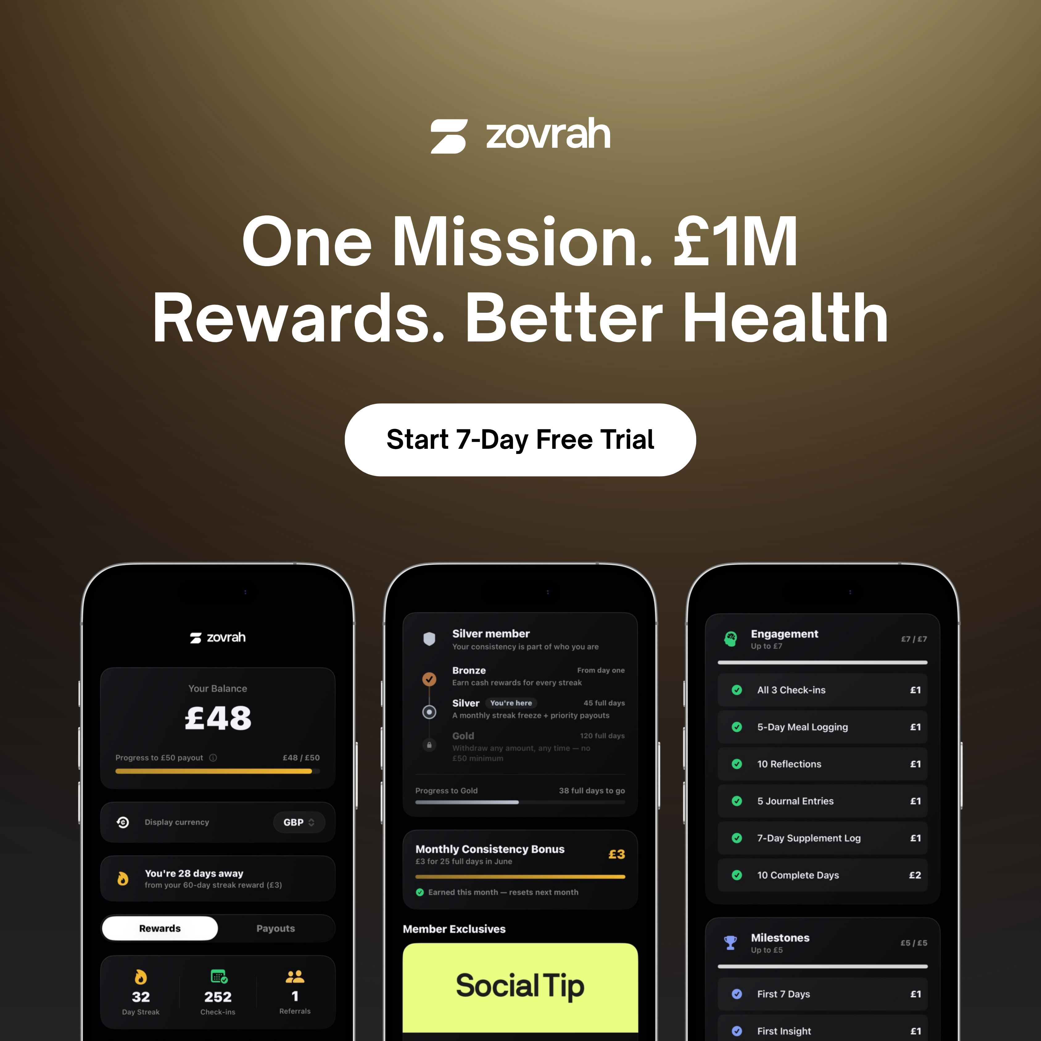 Zovrah app promo showing £1M rewards claim, balance, streaks, bonuses, and member exclusives on phones.
