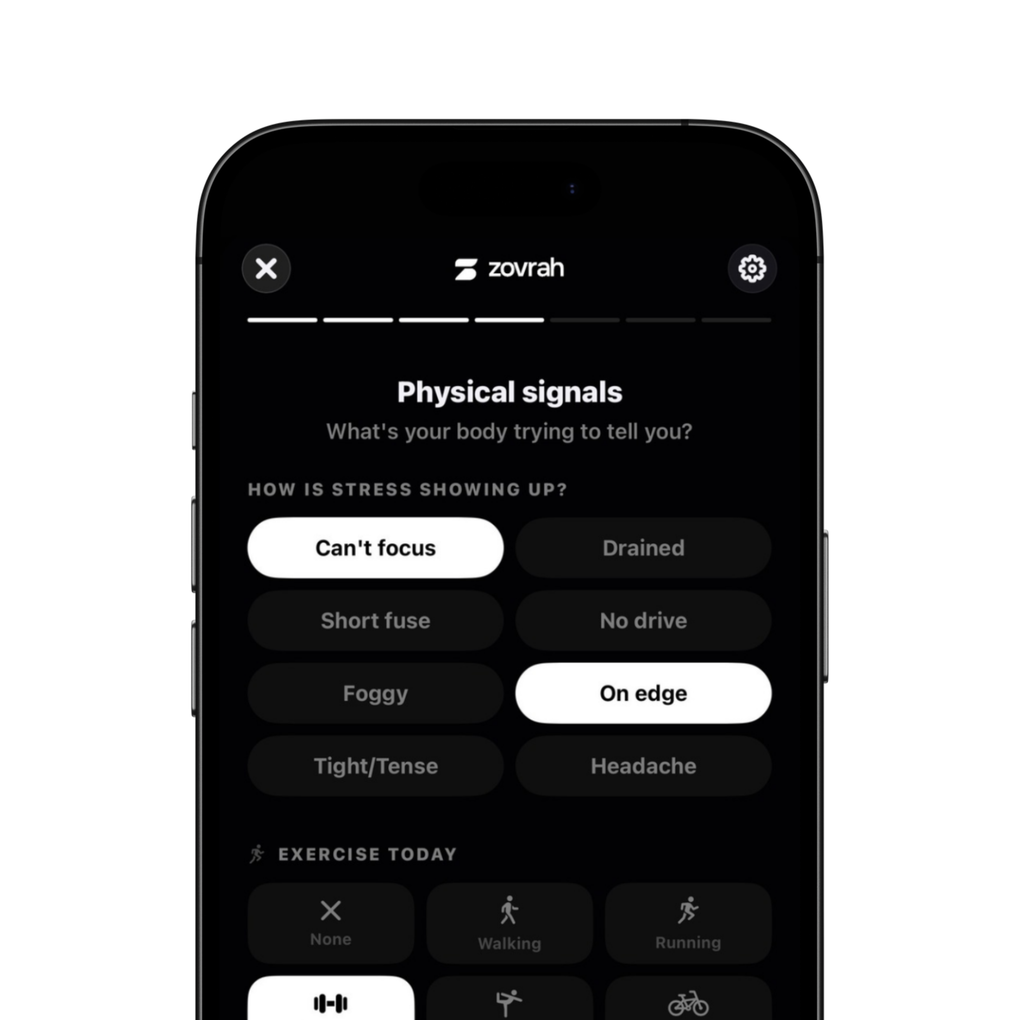 Mobile app screen showing stress signals: Can't focus and On edge selected, with exercise options below.