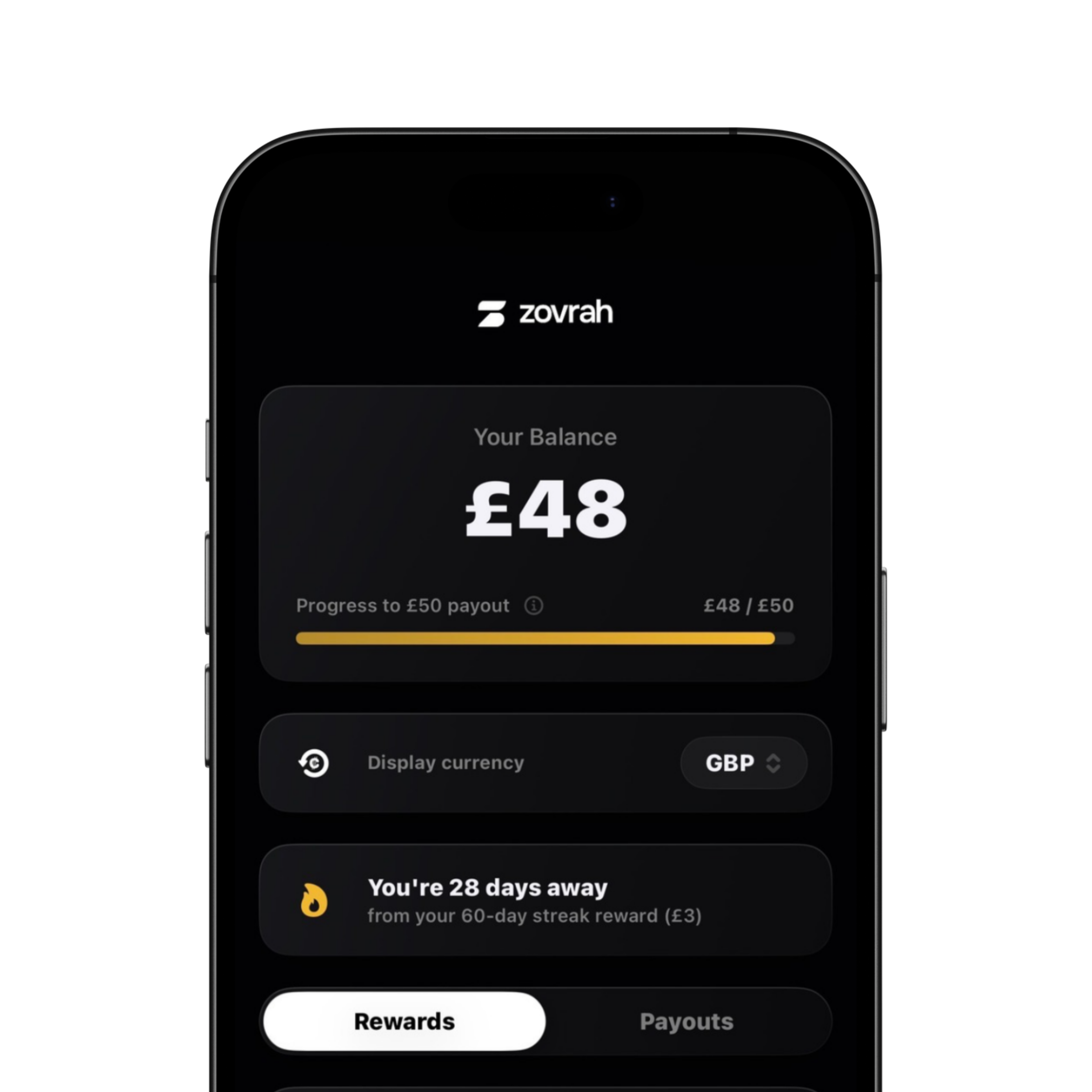 Mobile screen showing Zovrah app with £48 balance, progress bar to £50 payout, and 28 days to streak reward.