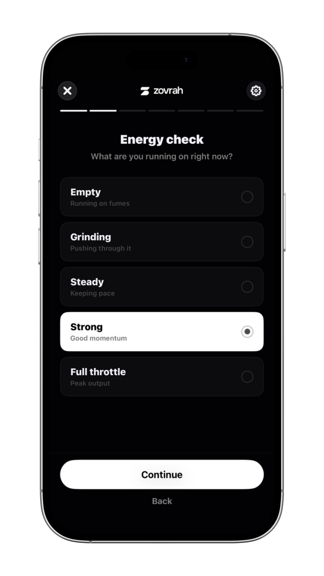 Smartphone screen showing 'Energy check' with options from empty to full throttle; 'Strong' selected.