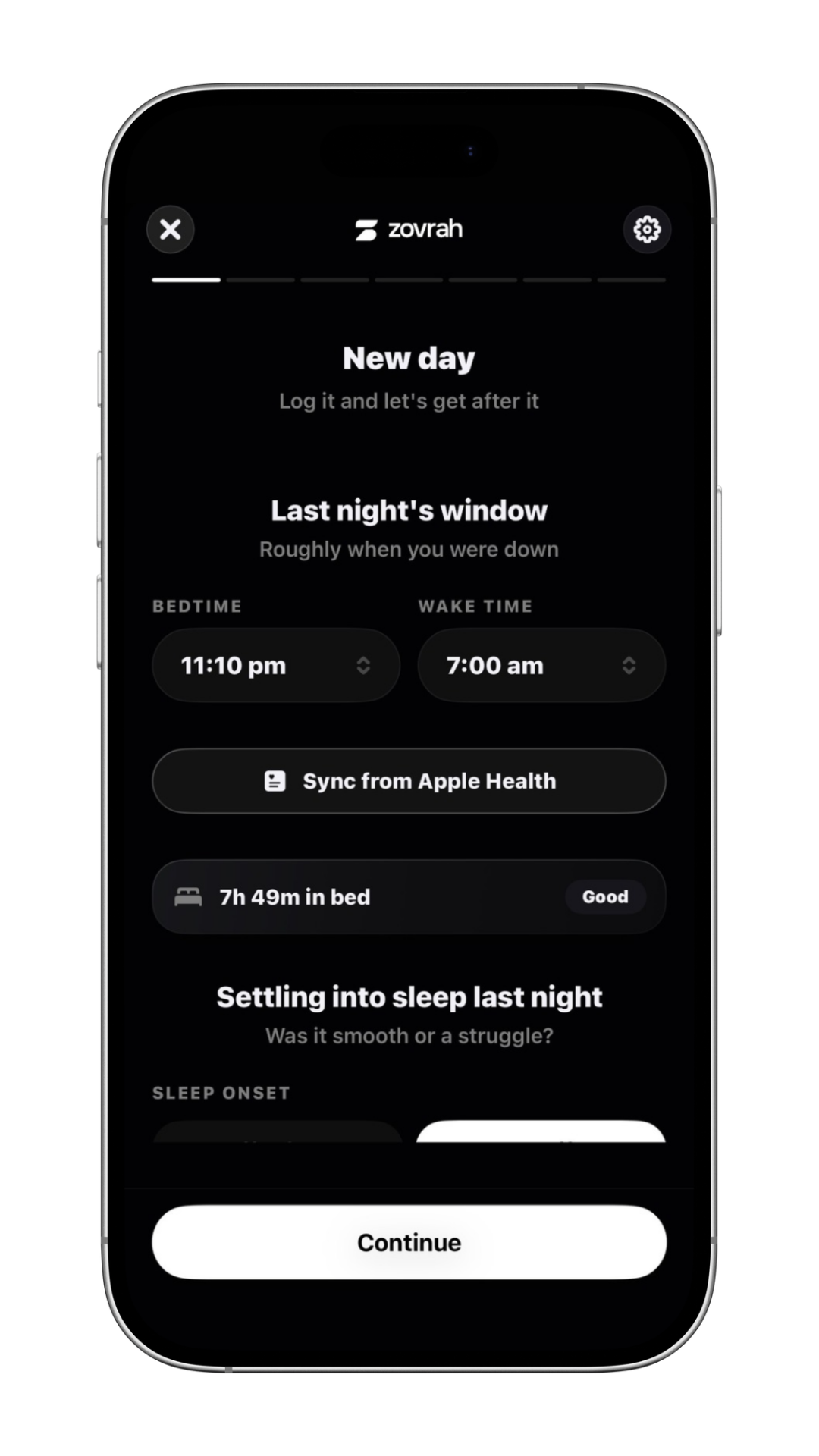 Sleep tracking app screen showing bedtime 11:10 pm, wake time 7:00 am, 7h 49m in bed rated good.