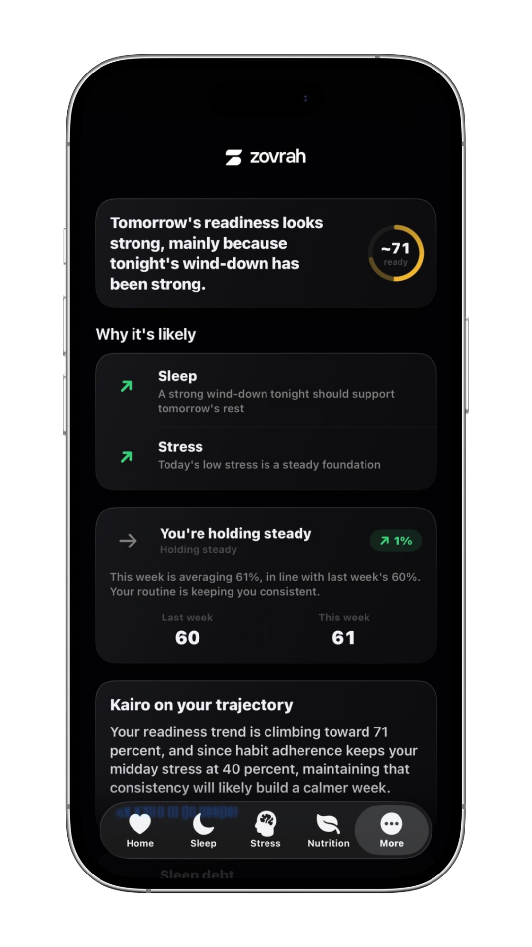 Smartphone displaying a journal app with daily prompts for reflection on November 24, including questions about wins, challenges, and gratitude, and a button to save the entry.