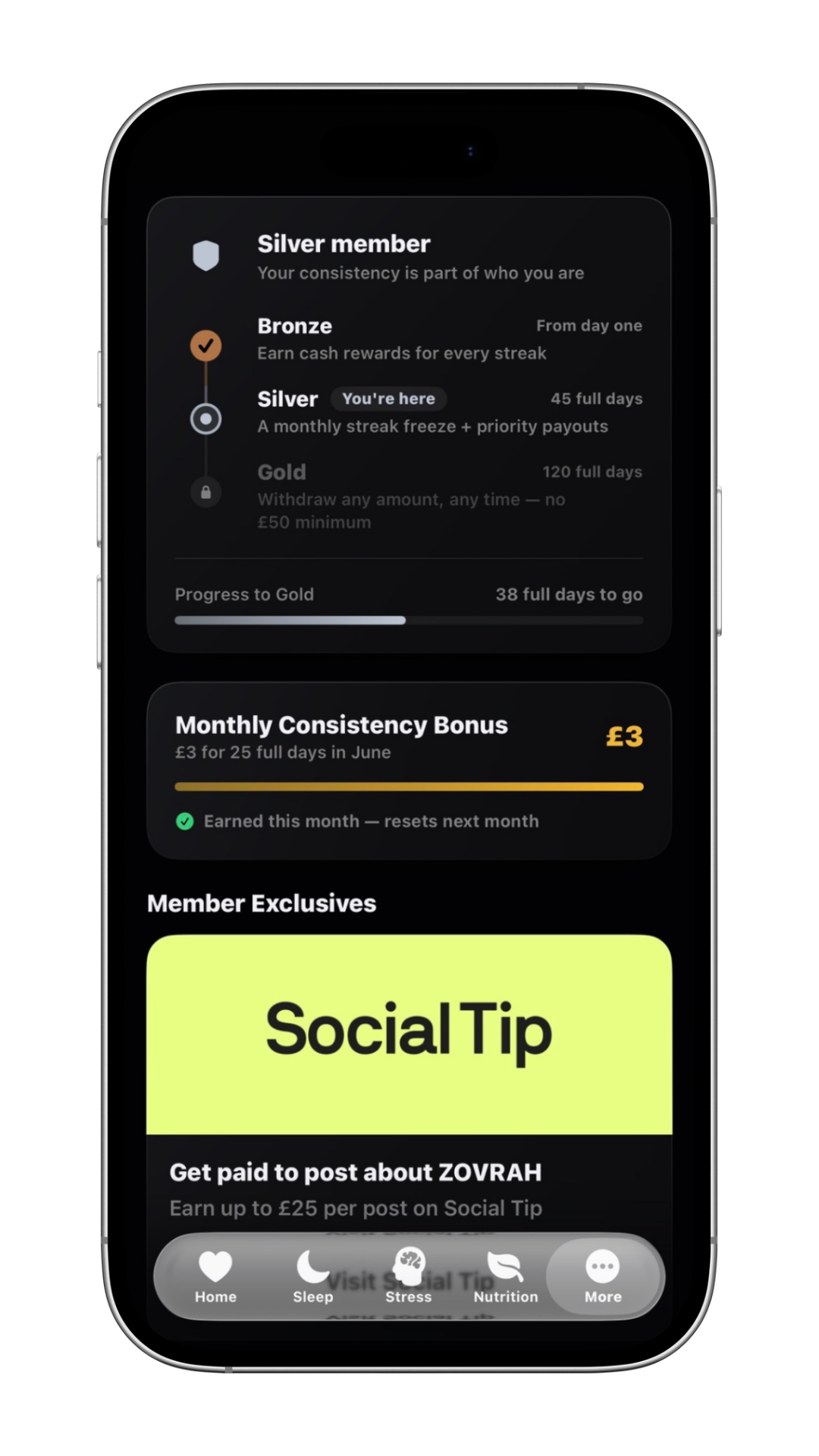 Mobile app screen showing Zovrah+ Milestones with tasks to complete full daily logs for rewards, plus total lifetime earnings of £55.00, on Dashboard tab.