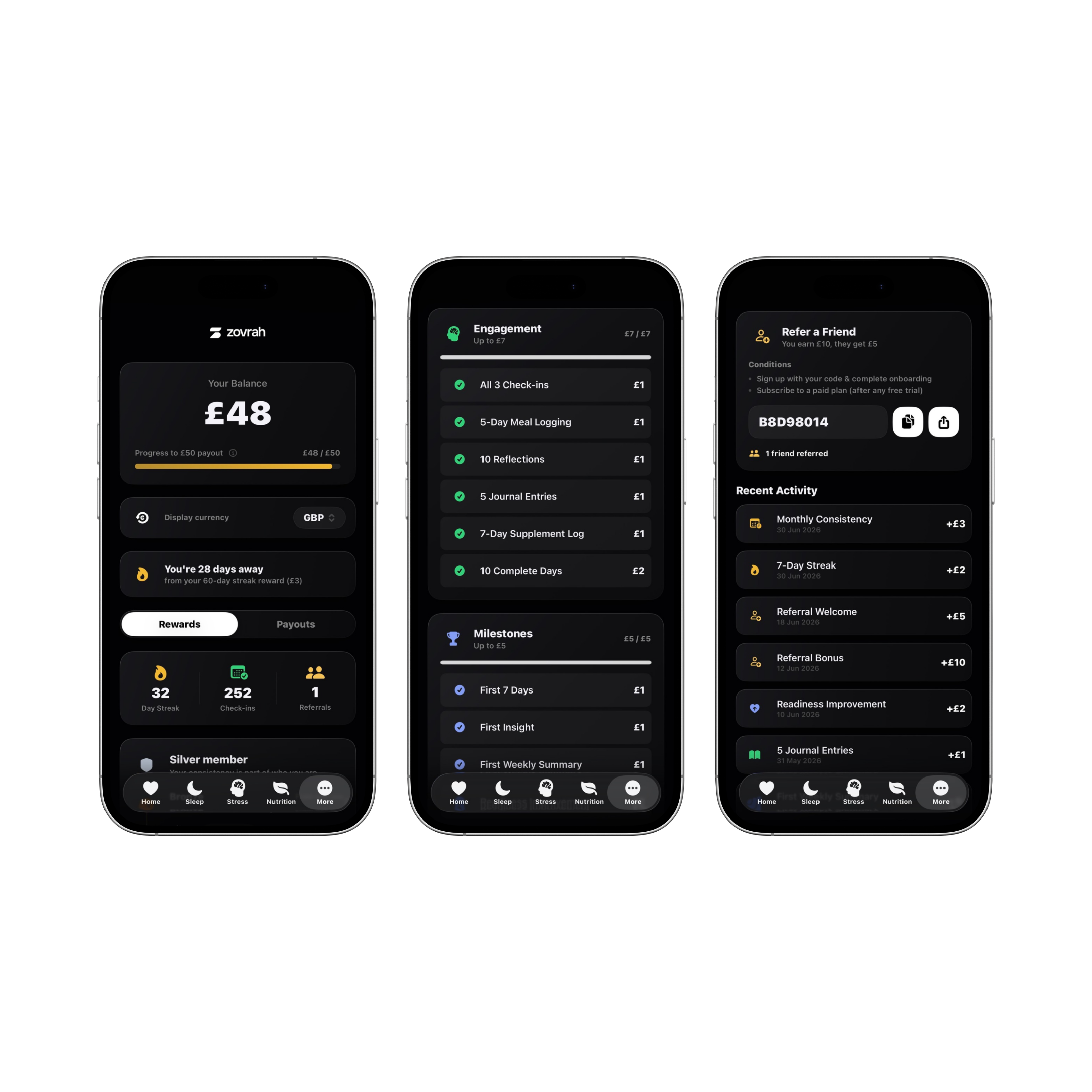 Three phones showing Zovrah app balance, engagement rewards, and referral program with recent activity.