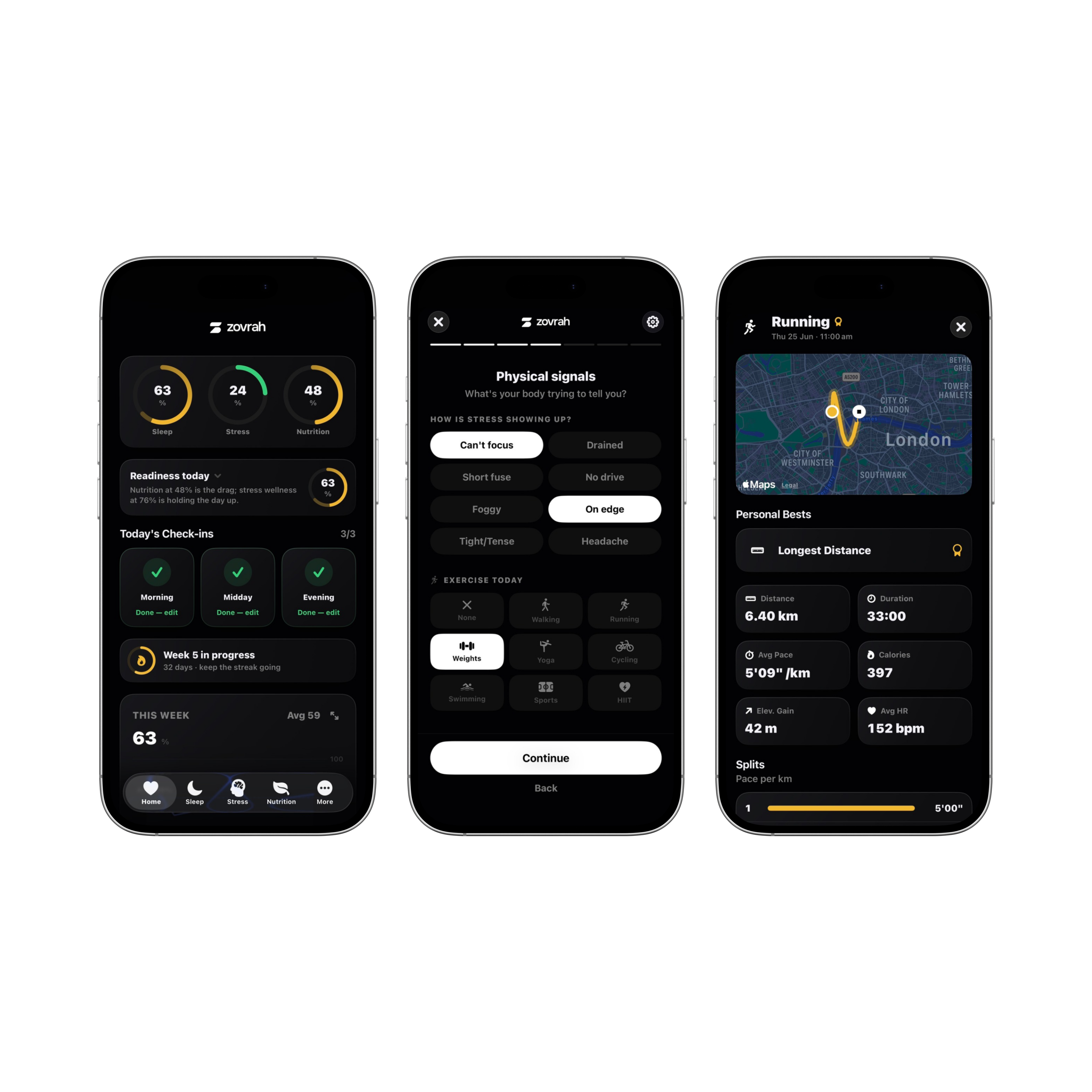 Three phone screens showing Zovrah app: readiness stats, stress signals input, and running route with stats.