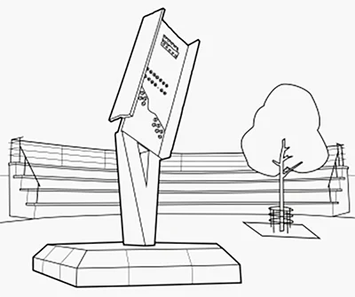 Line drawing of a monument on a pedestal with engraved text, a tree, and a fence in the background.