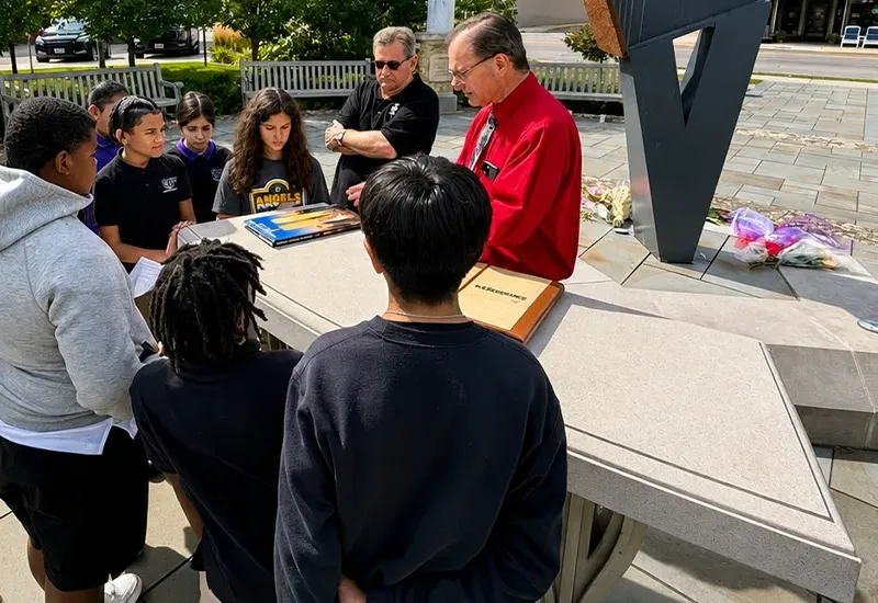 Volunteer in red shirt speaking to group of students surrounding the Memorial. 