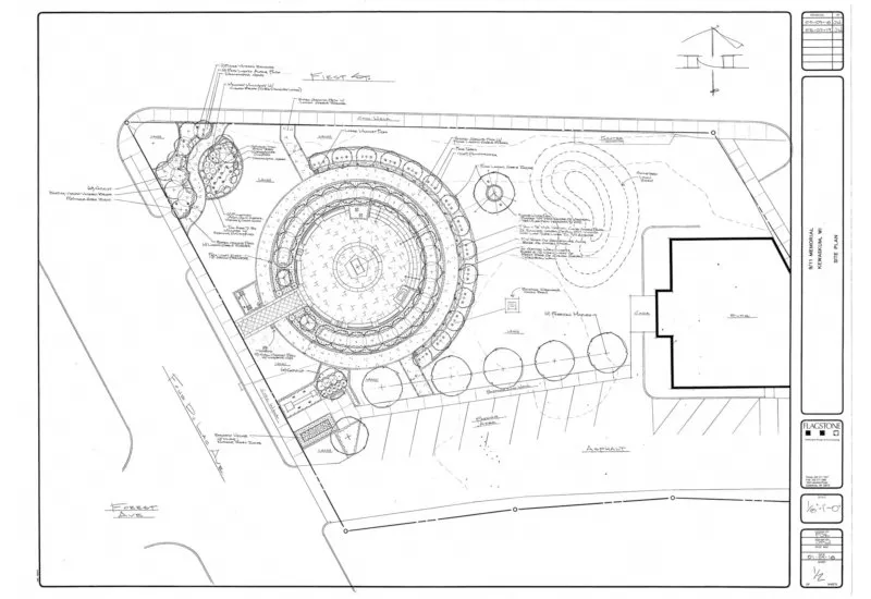 Architectural site plan showing circular structure, paths, trees, and a rectangular building outline.
