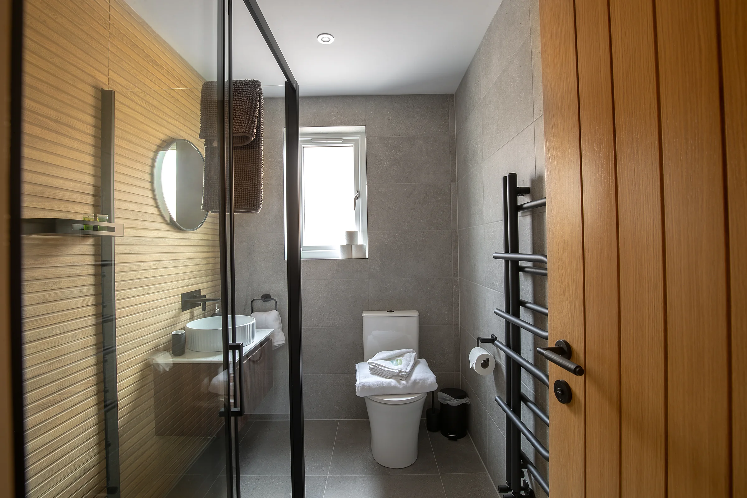 Bright bathroom with a walk-in shower