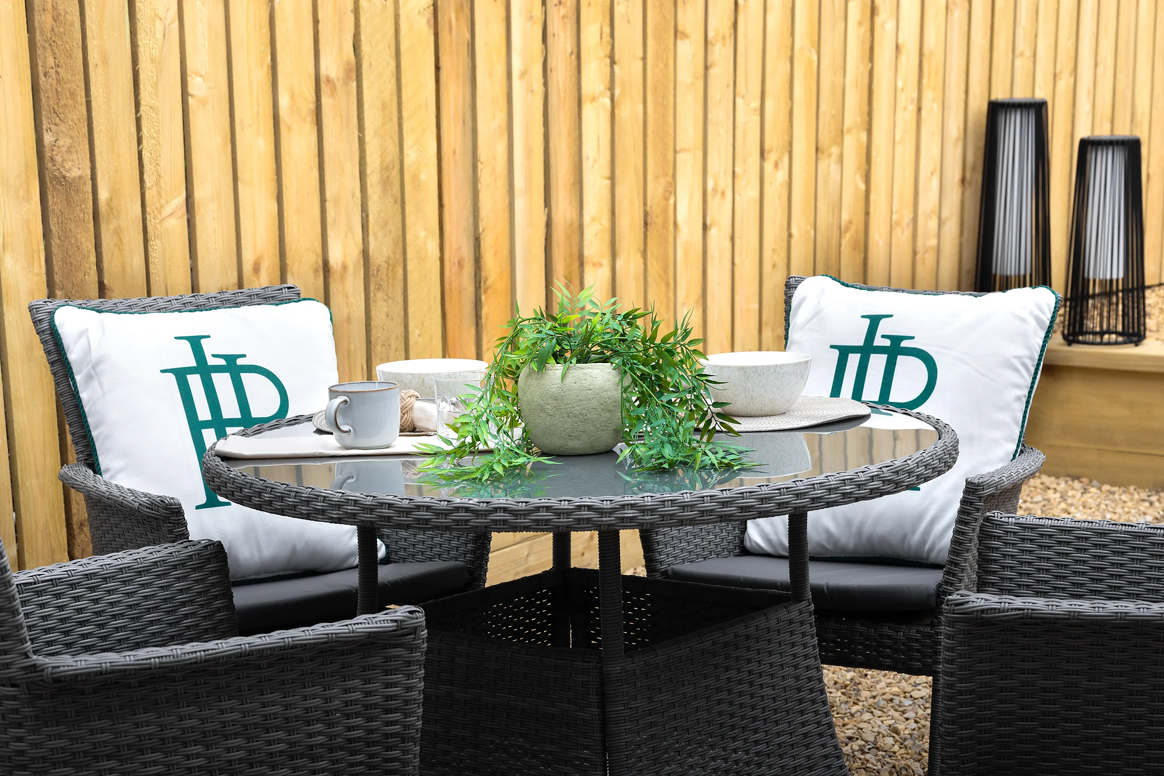 Branded outdoor dining setup on the patio