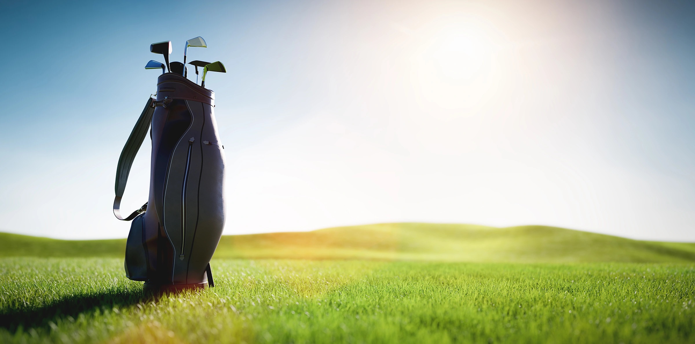 Golf bag standing on the course