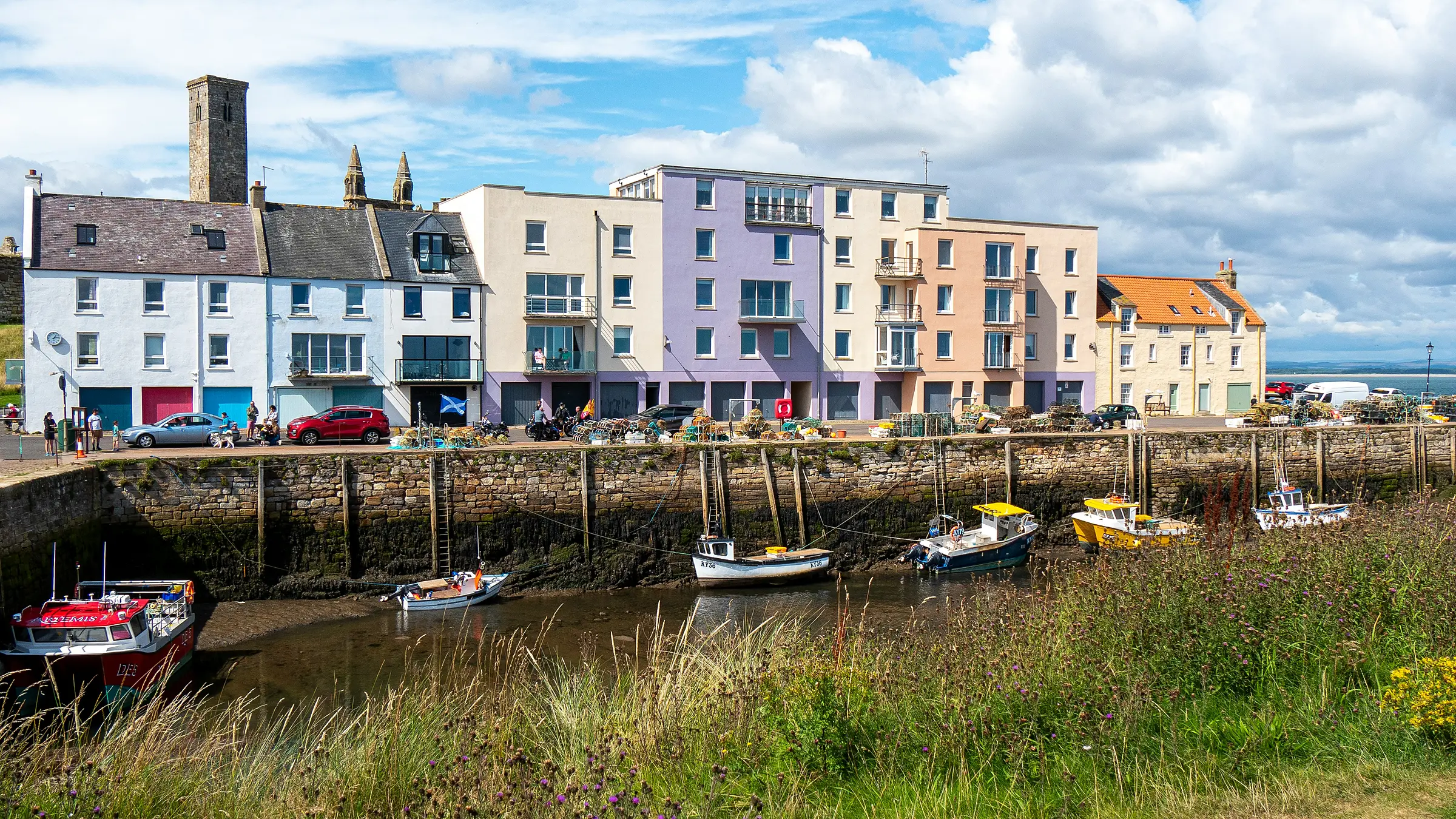 St Andrews harbour with colourful buildings