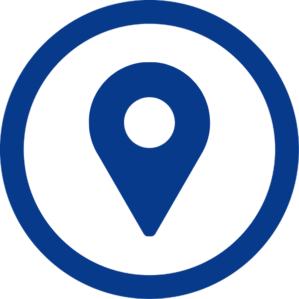 Blue map location pin icon inside a blue circle on a transparent background.