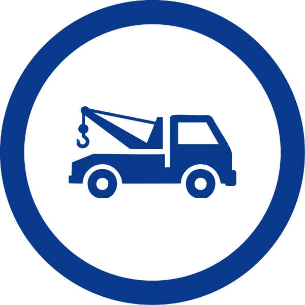 Blue tow truck icon inside a thick blue circular border on a white background.