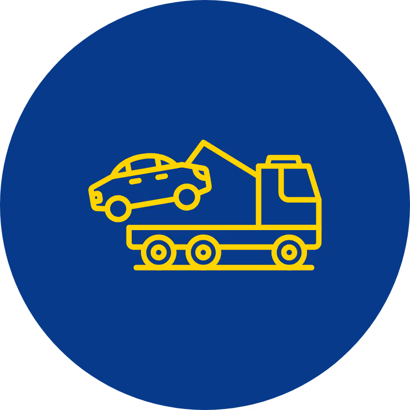 Yellow tow truck lifting a car on blue circular background icon.