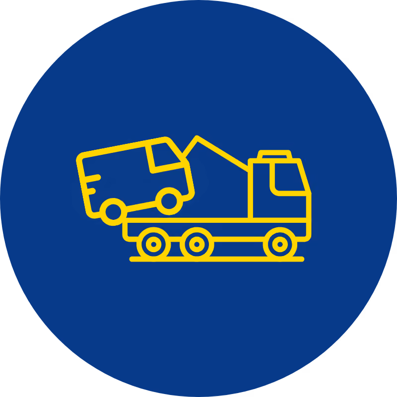 Yellow tow truck lifting a car on a blue circular background.